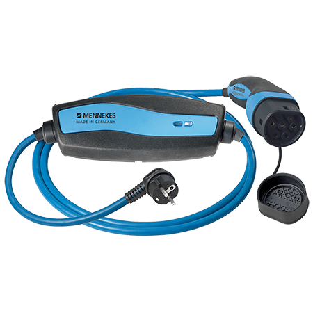 ble Mennekes EV charger with sleek design, featuring a compact body, charging cable, and plug, ideal for electric vehicle charging on the go